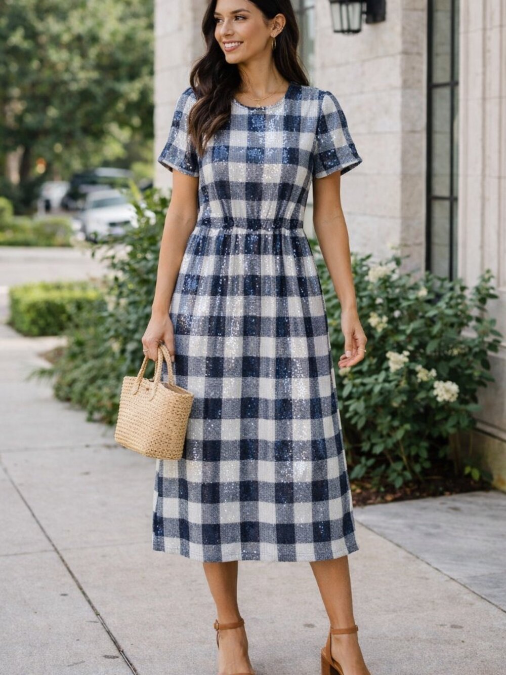 J. Crew Navy and White Sequin Check Dress